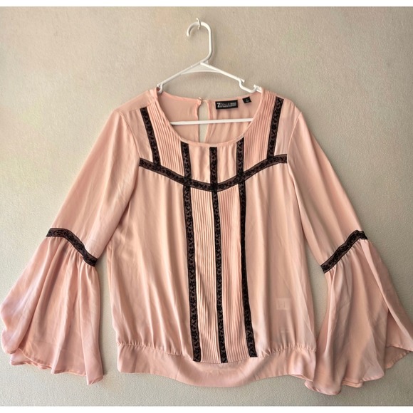 New York & Company Tops - 7th Avenue New York & Company Pink Lace Trim Pleated Bell Sleeve Blouse S
